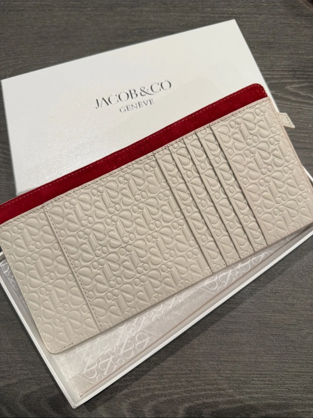 Jacob & Co Genève Women's Embossed purse organizer in Cream with Red Trim